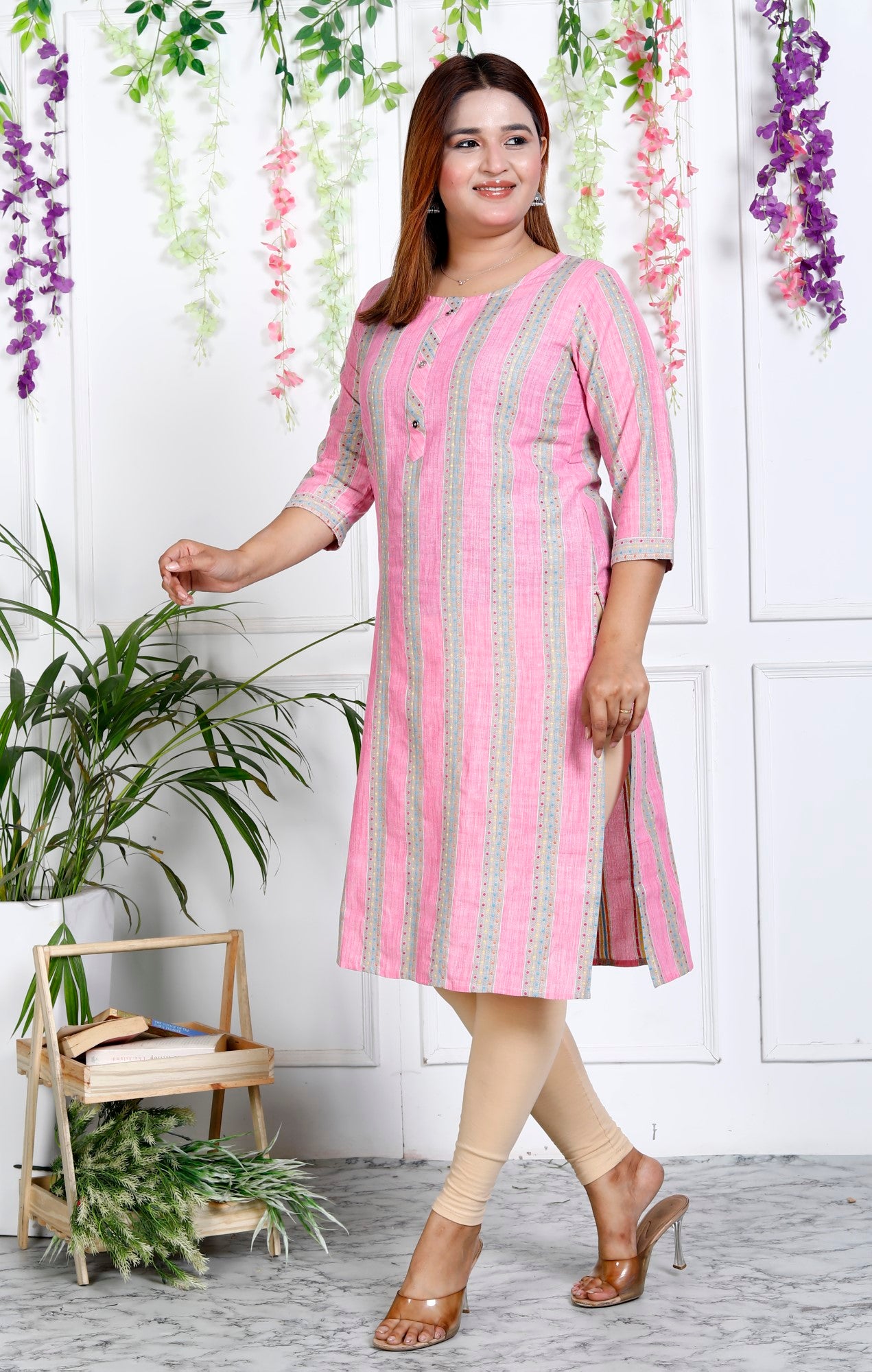 Pink Cotton Striped Print Straight Kurta