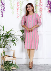 Pink Cotton Striped Print Straight Kurta