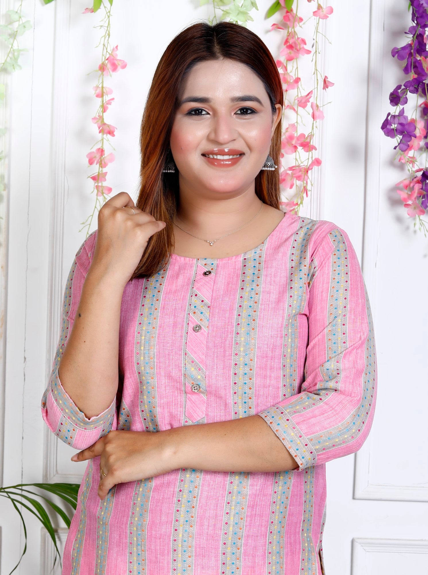 Pink Cotton Striped Print Straight Kurta