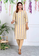 Yellow Cotton Striped Print Straight Kurta