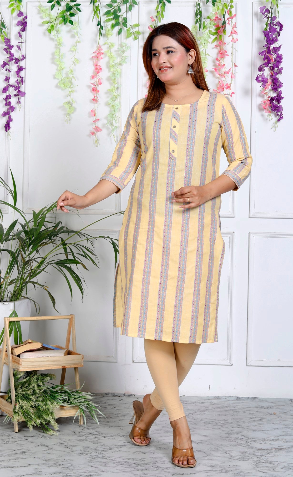 Yellow Cotton Striped Print Straight Kurta