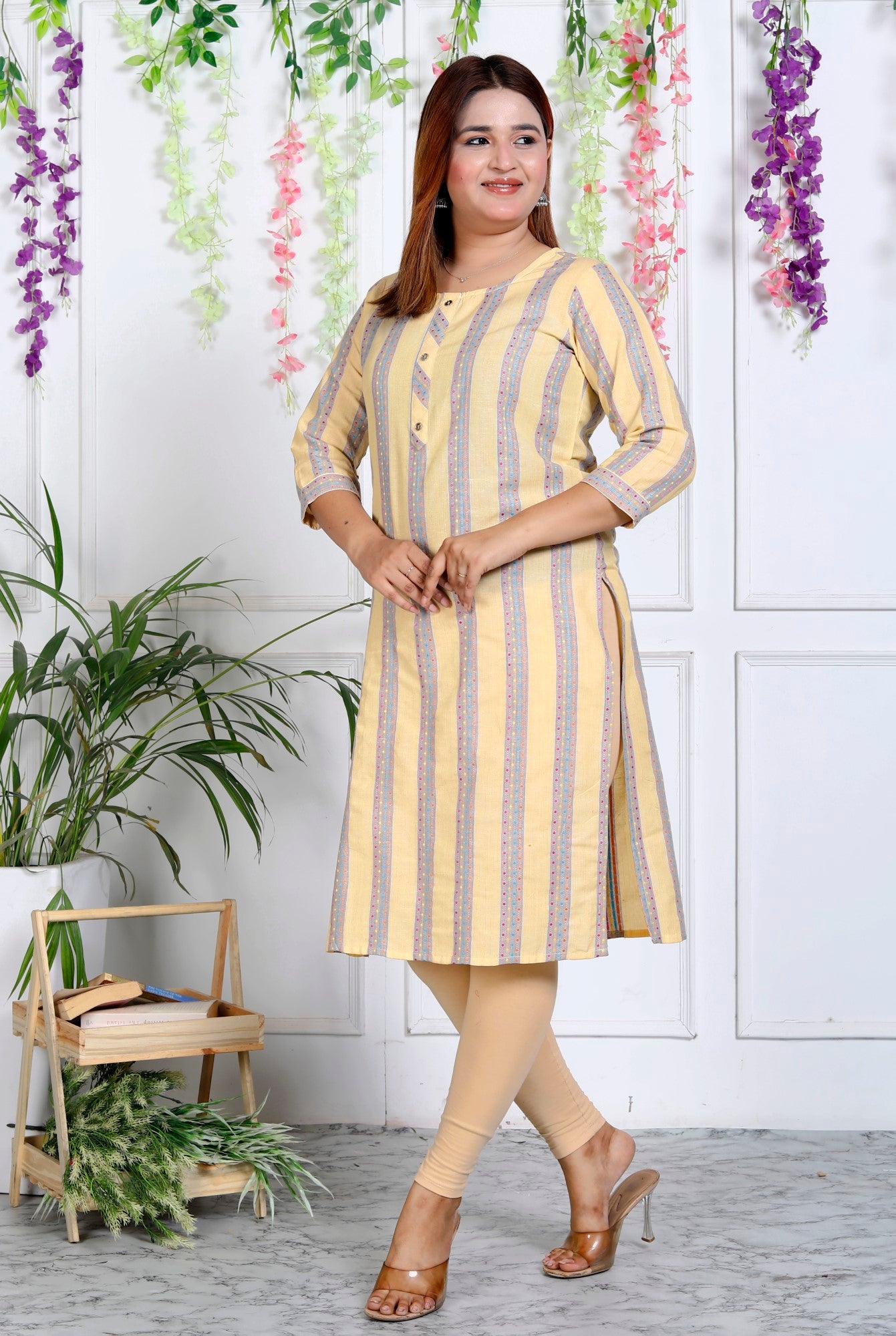 Yellow Cotton Striped Print Straight Kurta