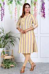 Yellow Cotton Striped Print Straight Kurta