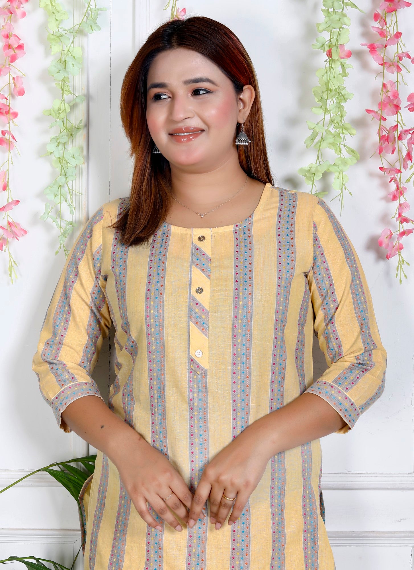 Yellow Cotton Striped Print Straight Kurta