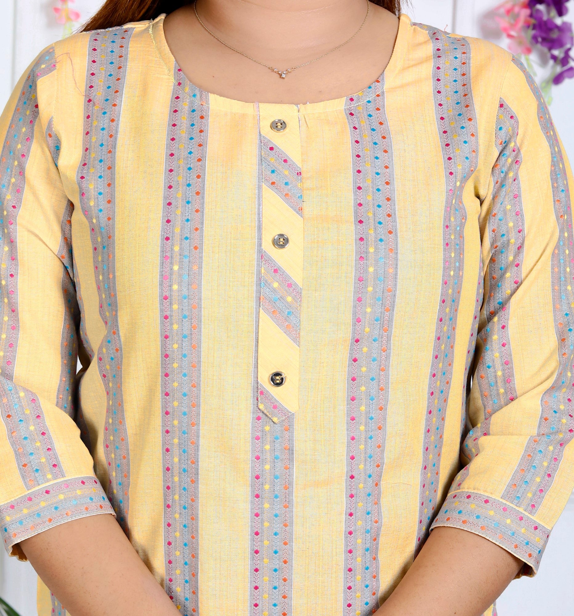 Yellow Cotton Striped Print Straight Kurta