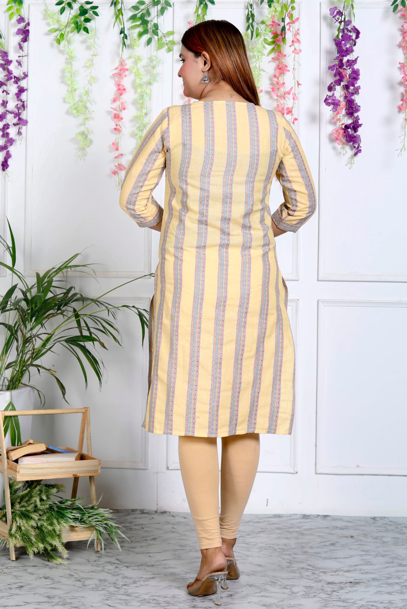 Yellow Cotton Striped Print Straight Kurta