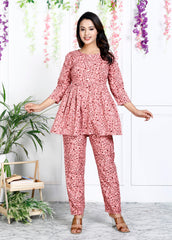 Peach Cotton Blend Floral Print Co-Ord Set-1127