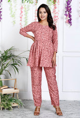 Peach Cotton Blend Floral Print Co-Ord Set-1127