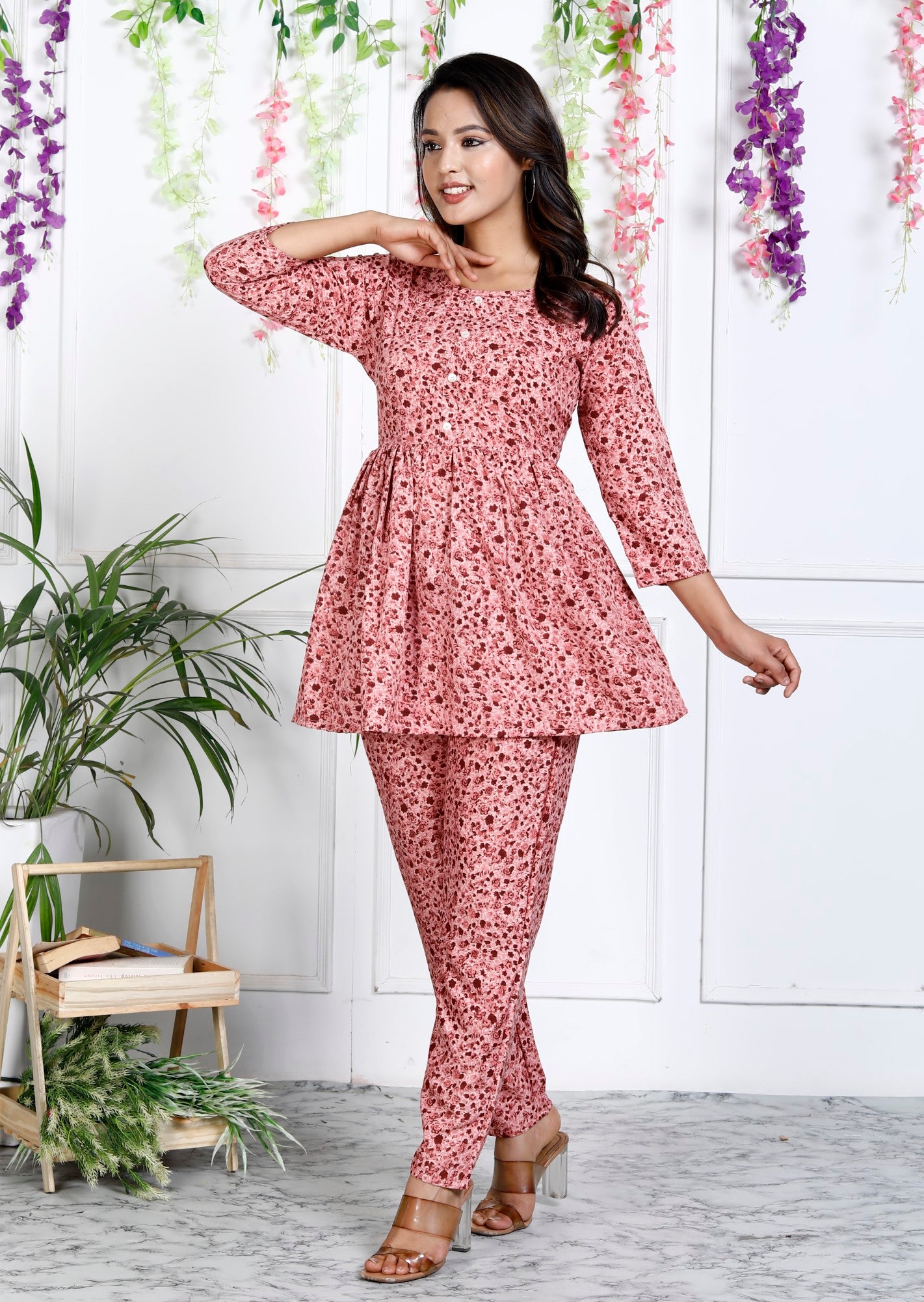 Peach Cotton Blend Floral Print Co-Ord Set-1127