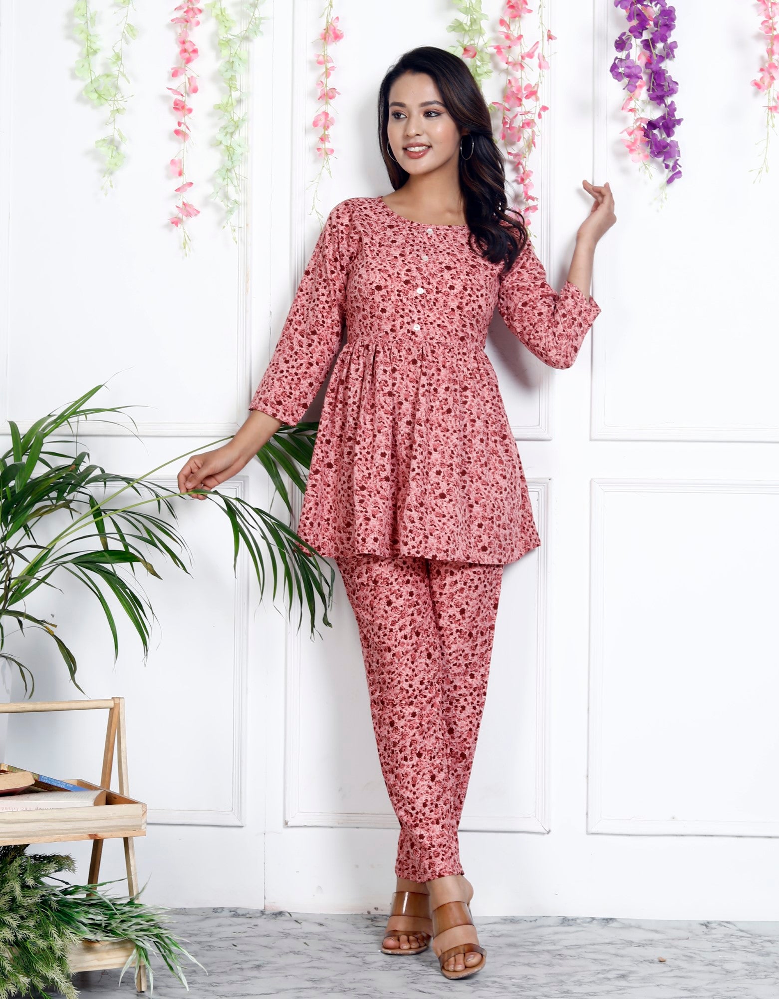 Peach Cotton Blend Floral Print Co-Ord Set-1127