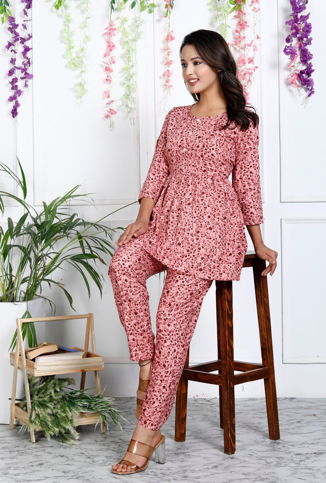 Peach Cotton Blend Floral Print Co-Ord Set-1127