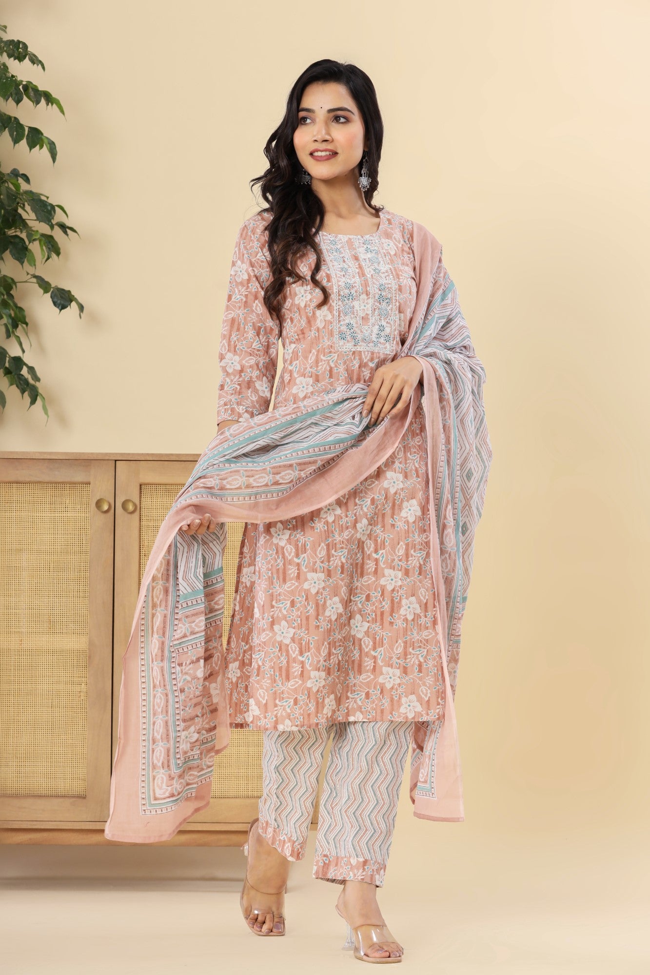 Peach Cotton Printed Embroidered Kurta Pant Set with Dupatta-1113