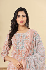 Peach Cotton Printed Embroidered Kurta Pant Set with Dupatta-1113