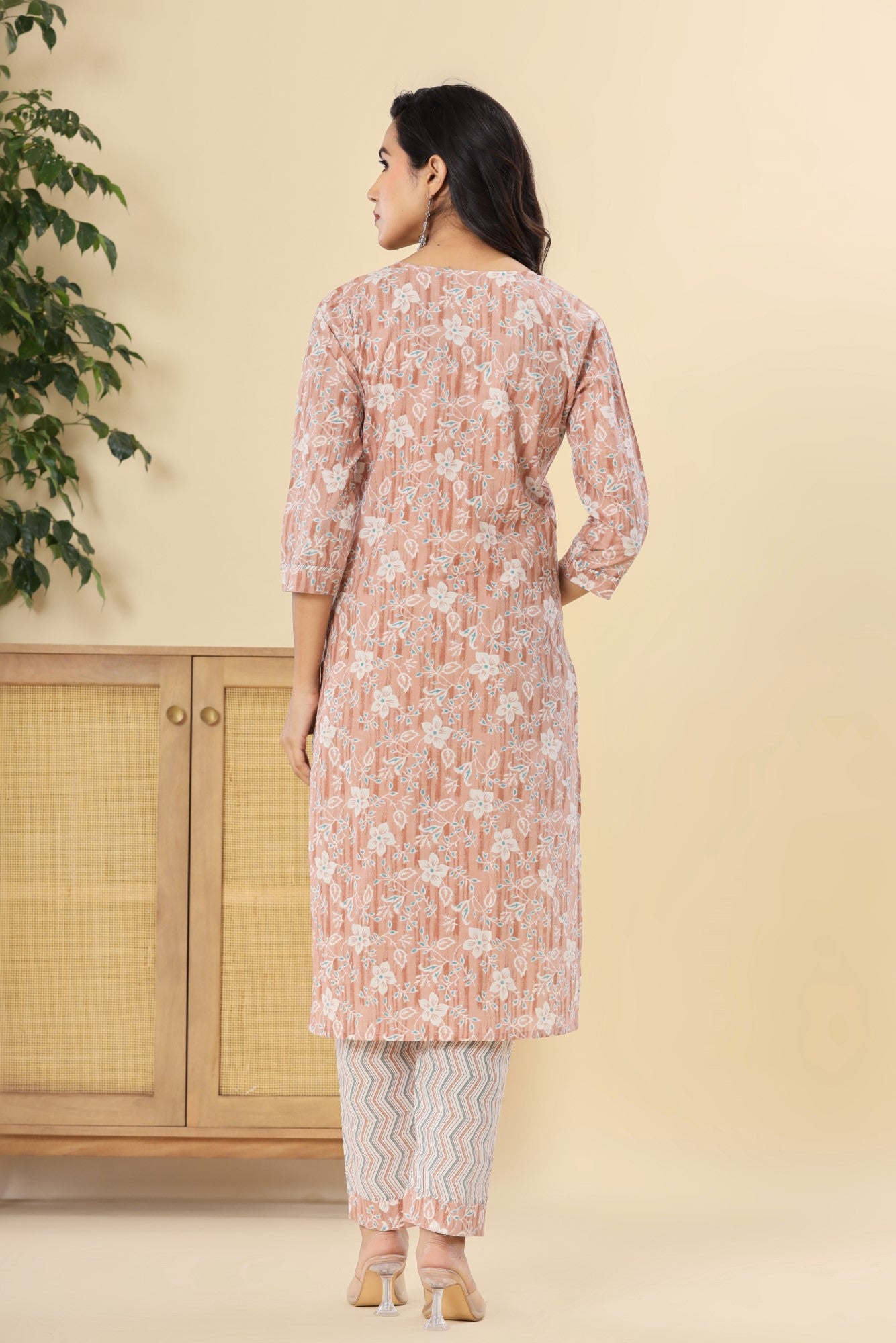 Peach Cotton Printed Embroidered Kurta Pant Set with Dupatta-1113