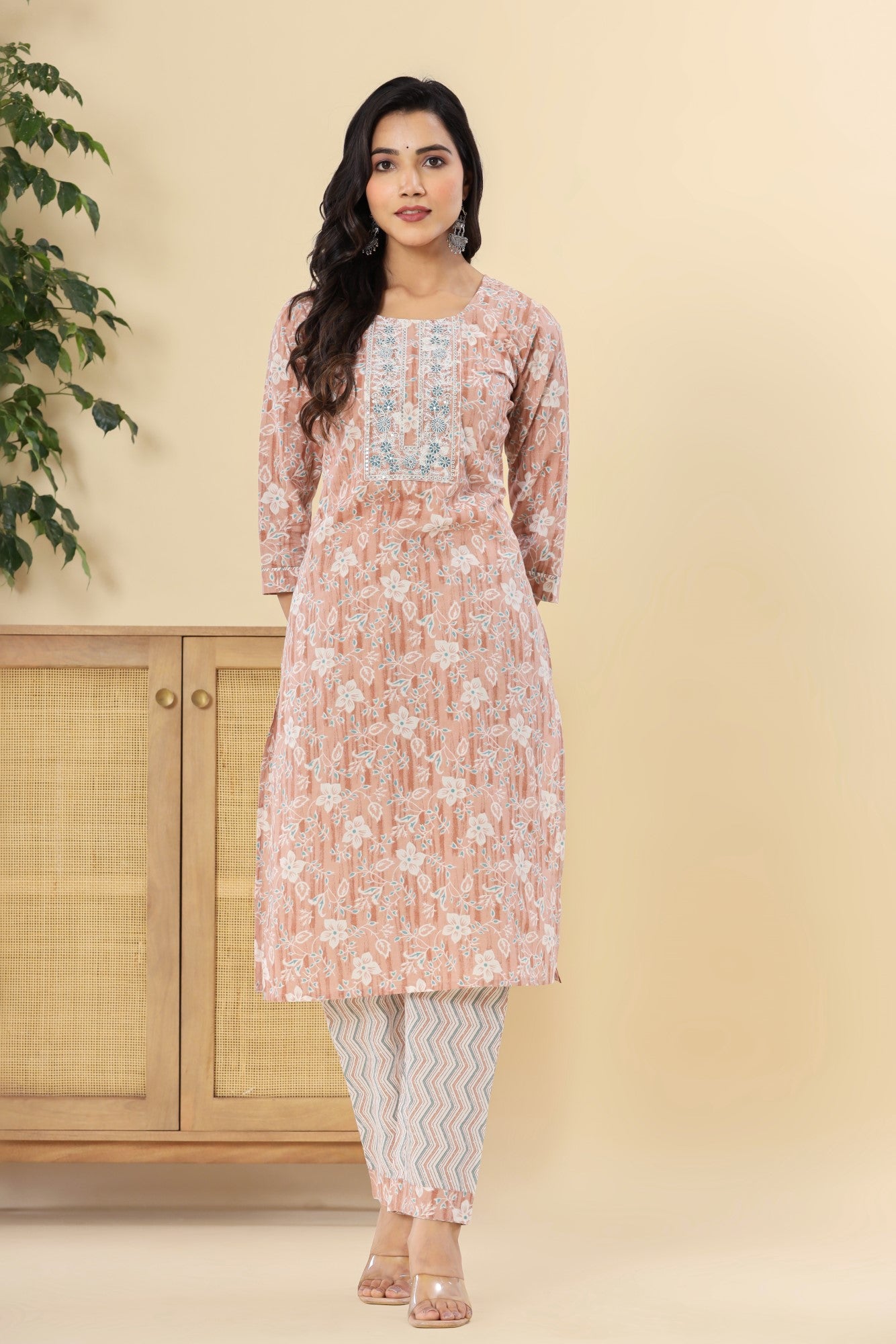 Peach Cotton Printed Embroidered Kurta Pant Set with Dupatta-1113