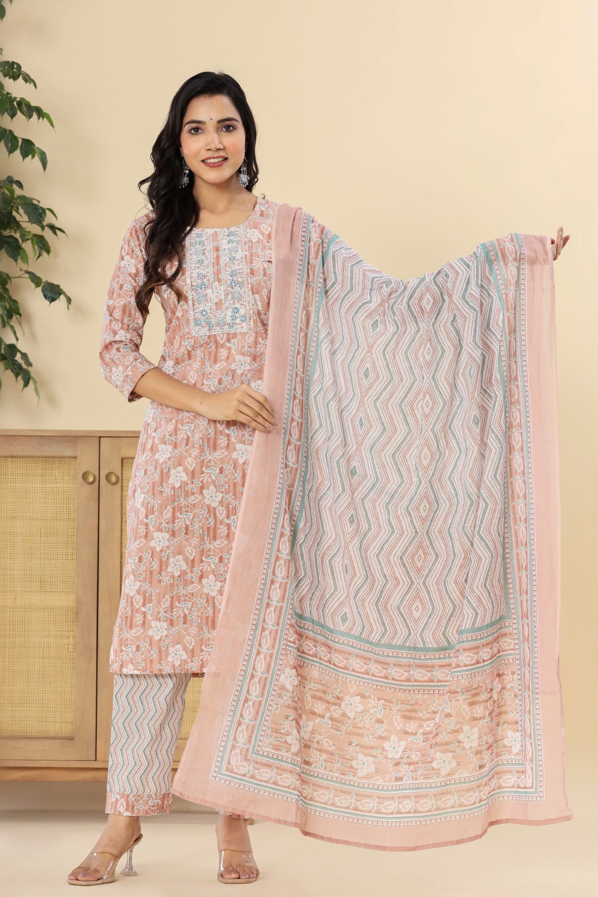 Peach Cotton Printed Embroidered Kurta Pant Set with Dupatta-1113