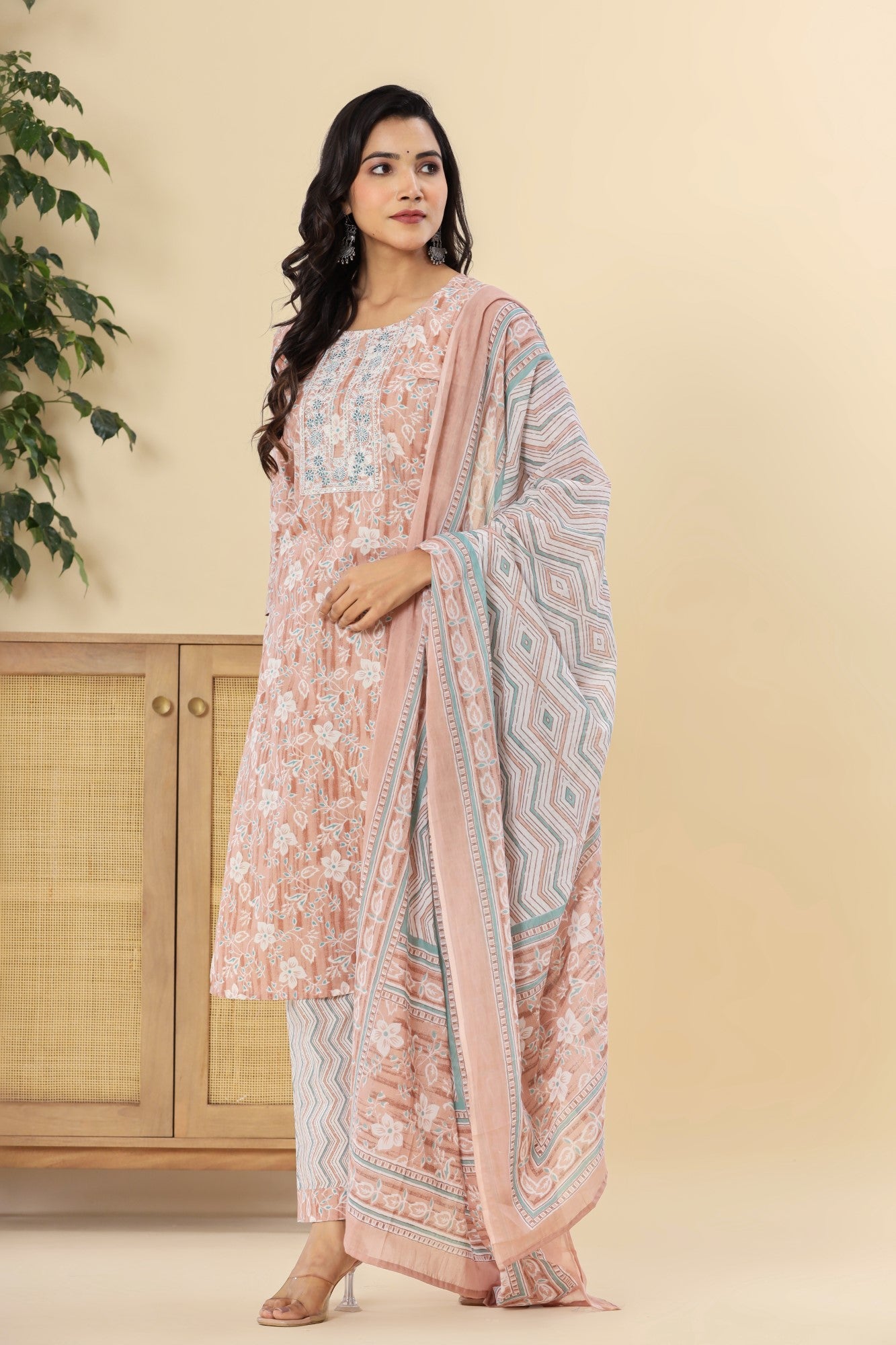 Peach Cotton Printed Embroidered Kurta Pant Set with Dupatta-1113