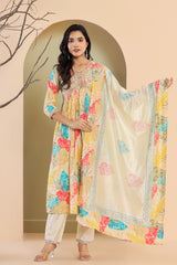 Multi Color Muslin Floral Print Kurta Pant Set with Dupatta-1104