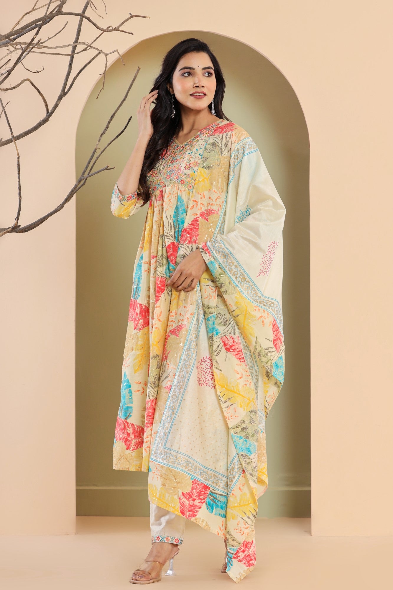 Multi Color Muslin Floral Print Kurta Pant Set with Dupatta-1104