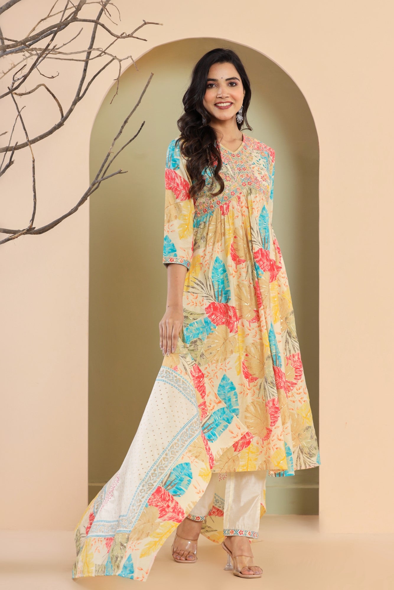 Multi Color Muslin Floral Print Kurta Pant Set with Dupatta-1104