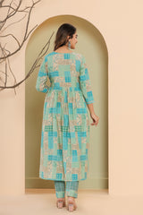 Blue Muslin Floral Print Kurta Pant Set with Dupatta-1101