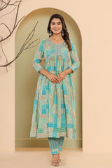 Blue Muslin Floral Print Kurta Pant Set with Dupatta-1101