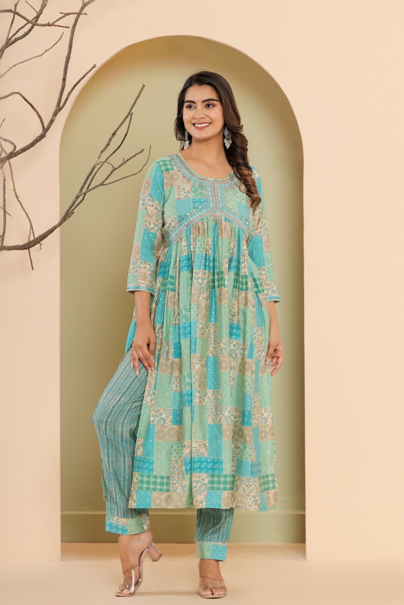 Blue Muslin Floral Print Kurta Pant Set with Dupatta-1101