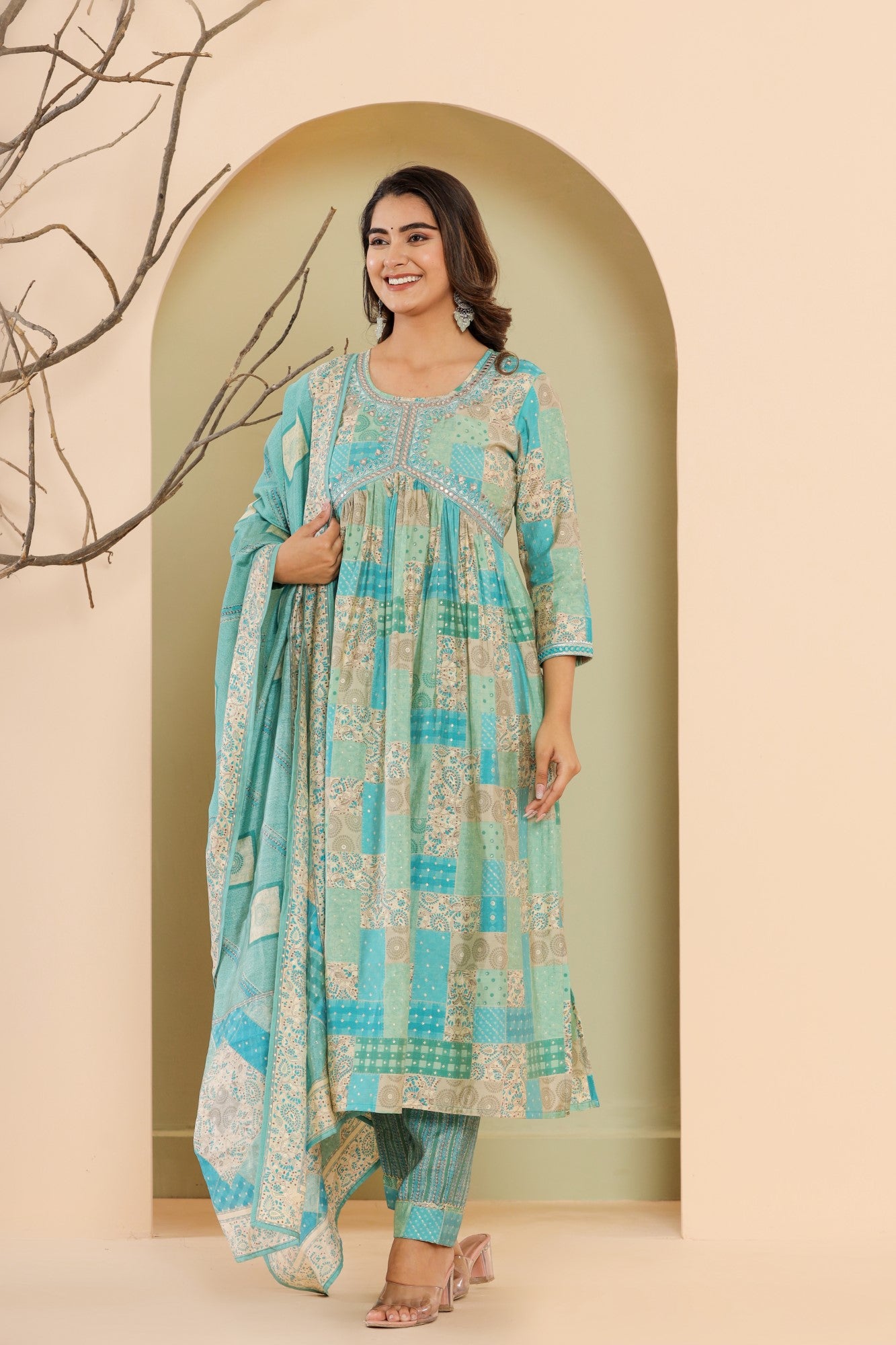 Blue Muslin Floral Print Kurta Pant Set with Dupatta-1101