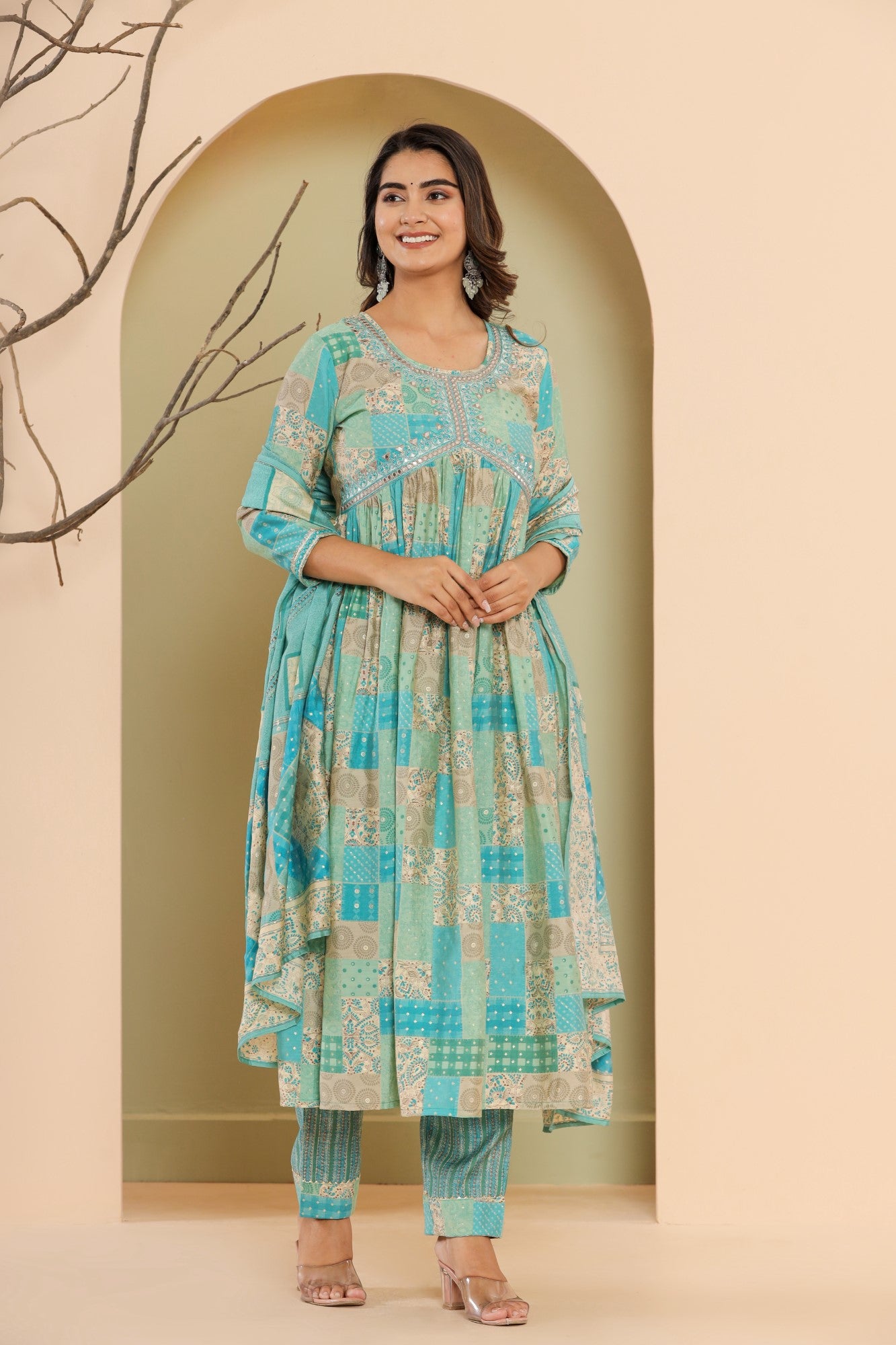 Blue Muslin Floral Print Kurta Pant Set with Dupatta-1101