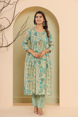 Green Muslin Floral Print Kurta Pant Set with Dupatta-1102