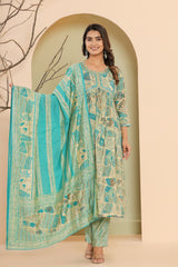 Green Muslin Floral Print Kurta Pant Set with Dupatta-1102