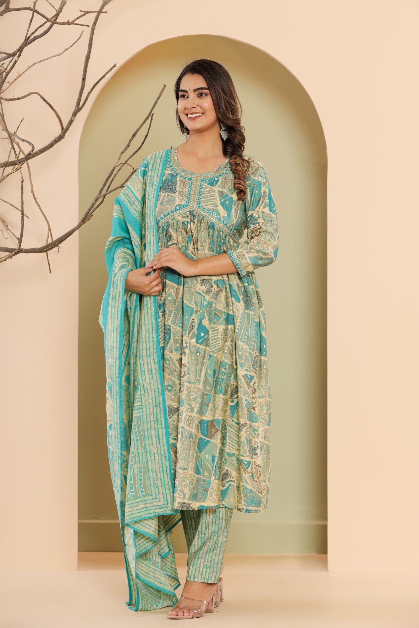 Green Muslin Floral Print Kurta Pant Set with Dupatta-1102