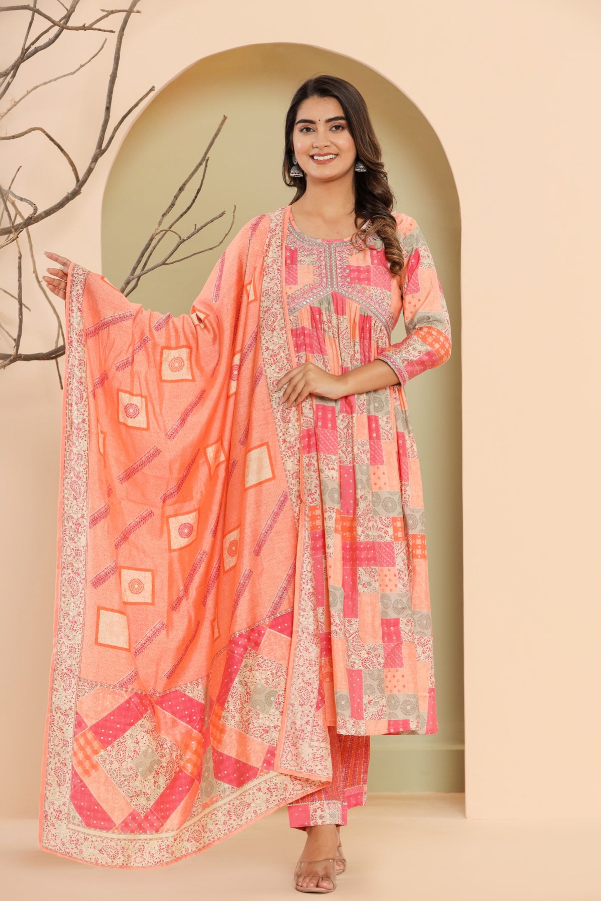 Pink Muslin Floral Print Kurta Pant Set with Dupatta