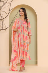 Pink Muslin Floral Print Kurta Pant Set with Dupatta