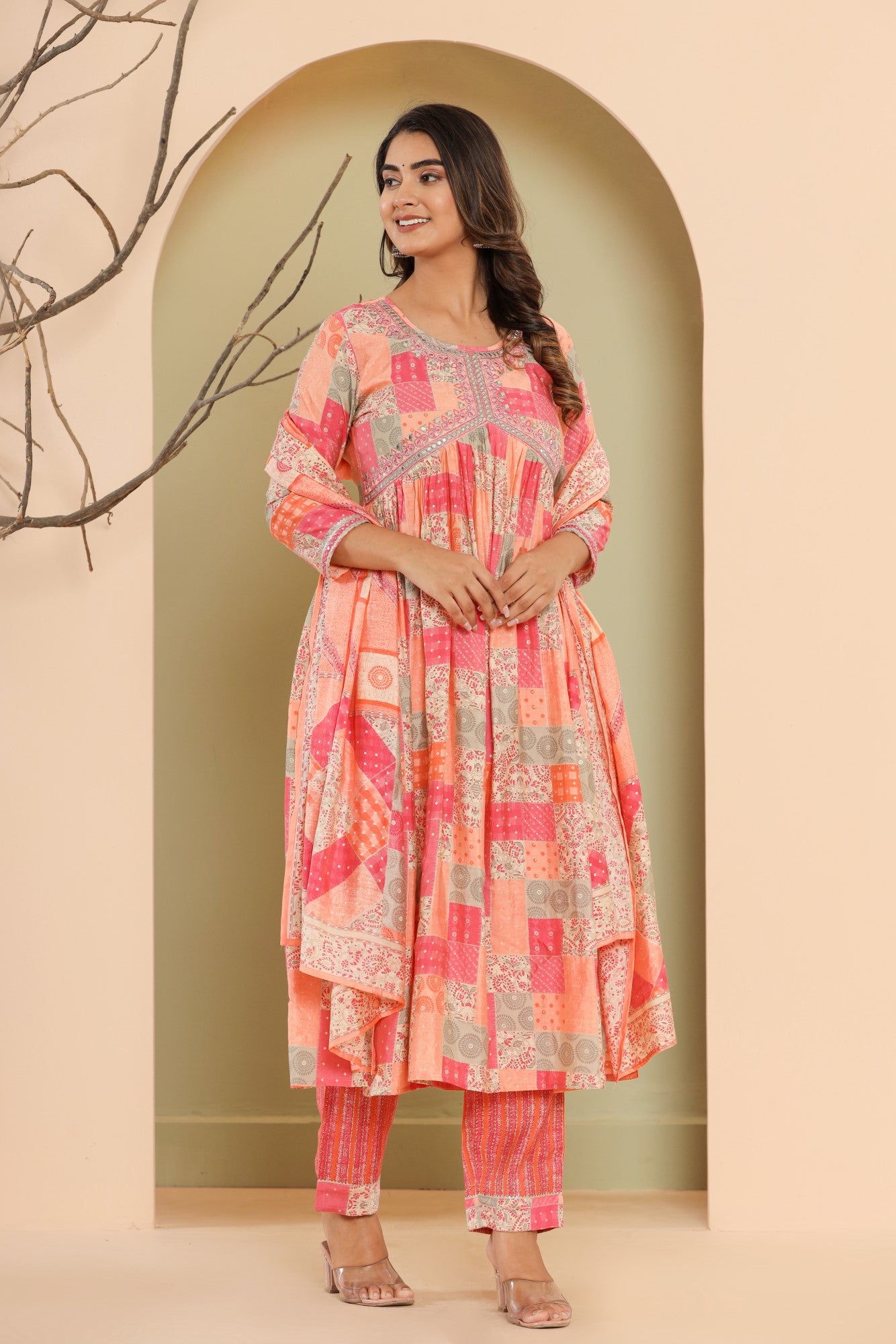 Pink Muslin Floral Print Kurta Pant Set with Dupatta