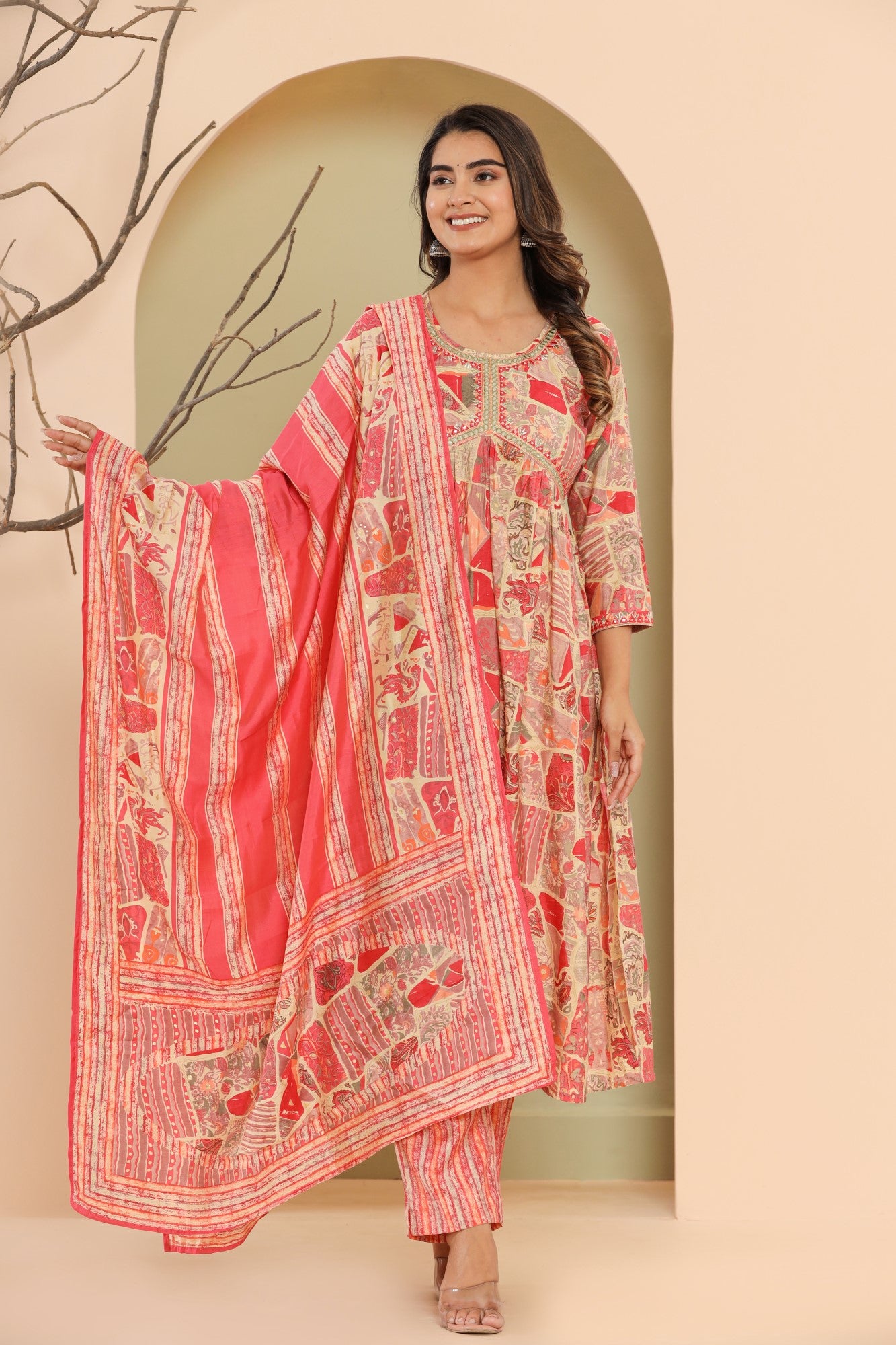 Peach Muslin Floral Print Kurta Pant Set with Dupatta-1101