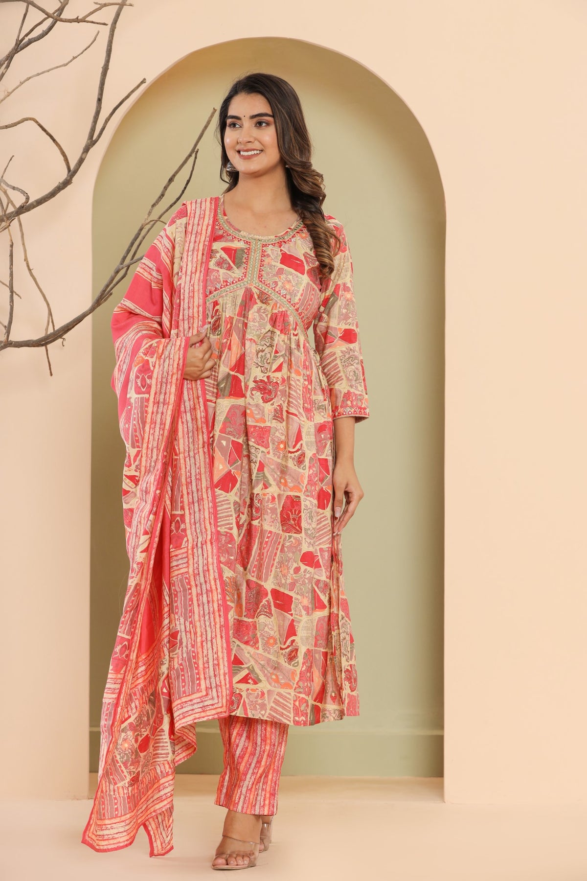 Peach Muslin Floral Print Kurta Pant Set with Dupatta-1101