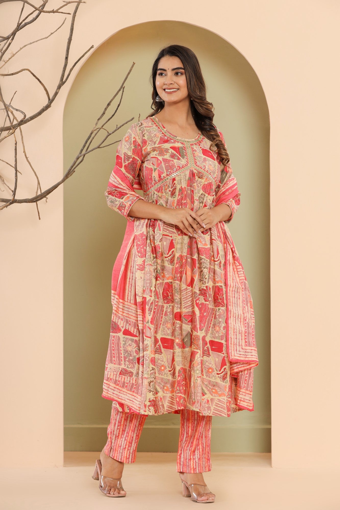 Peach Muslin Floral Print Kurta Pant Set with Dupatta-1101