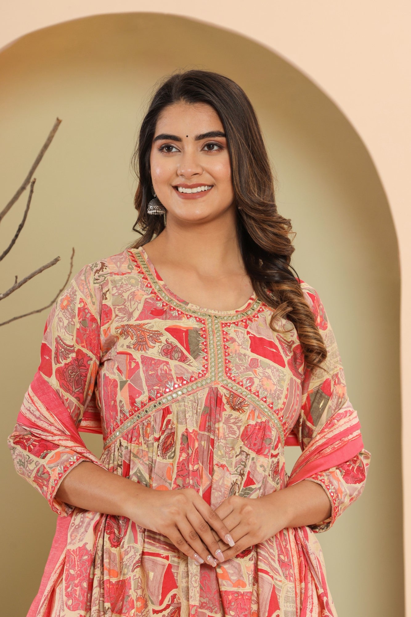 Peach Muslin Floral Print Kurta Pant Set with Dupatta-1101