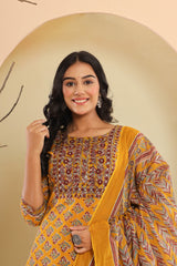 Brown Cotton Printed Embroidered Kurta Pant Set with Dupatta-1112