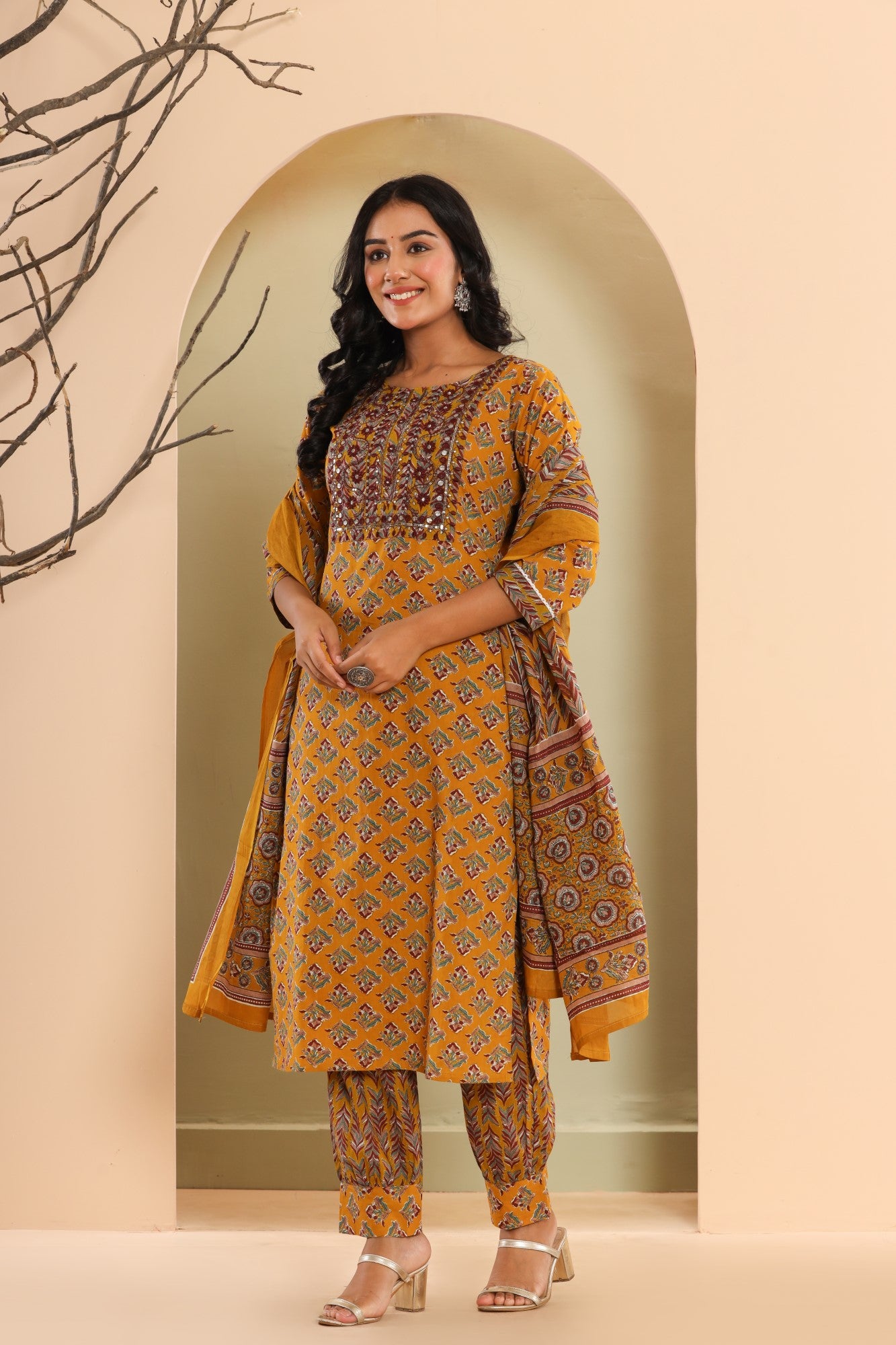 Brown Cotton Printed Embroidered Kurta Pant Set with Dupatta-1112