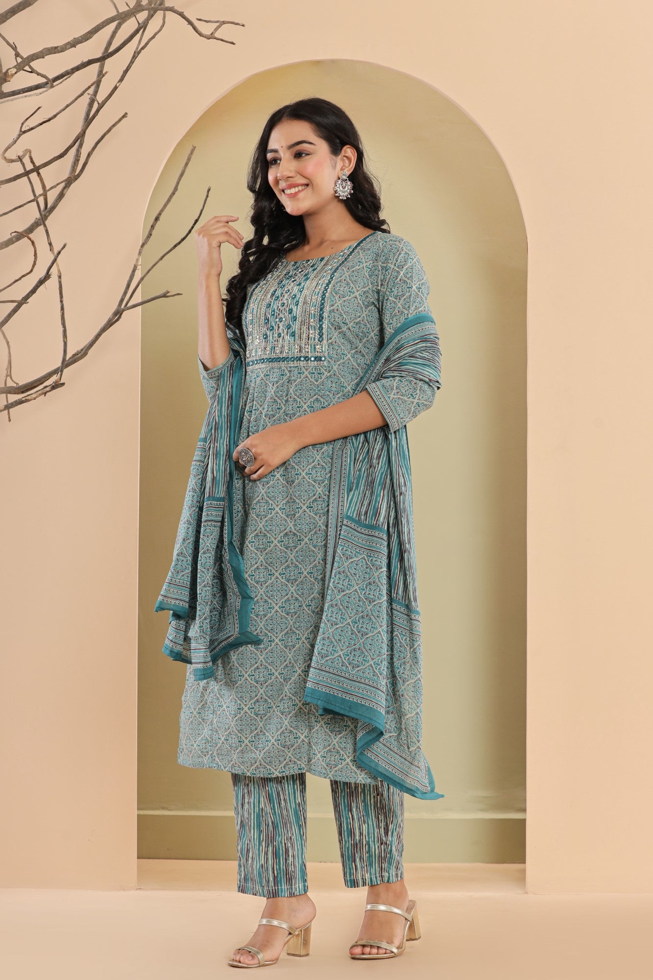 Blue Cotton Printed Embroidered Kurta Pant Set with Dupatta