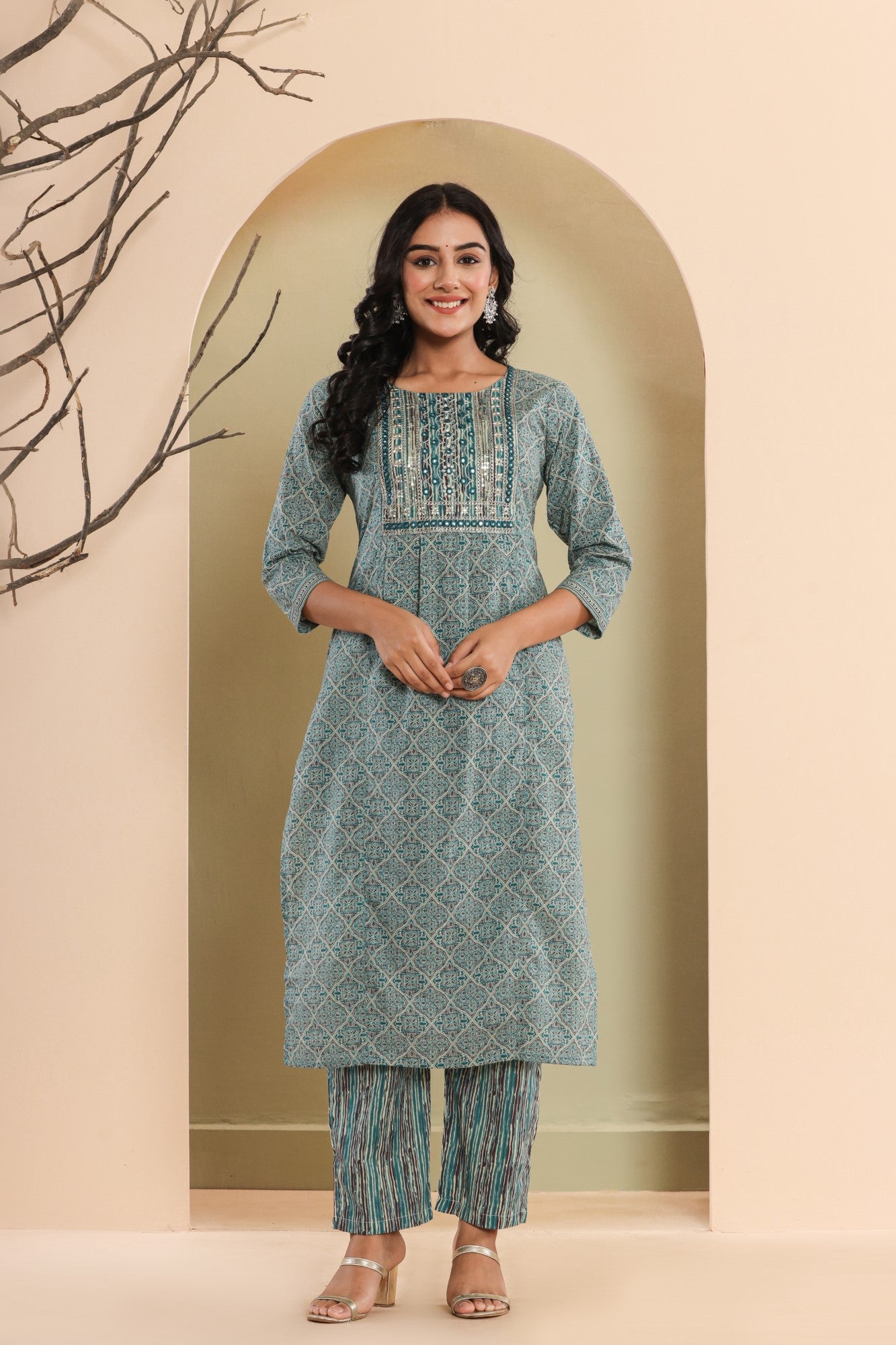 Blue Cotton Printed Embroidered Kurta Pant Set with Dupatta