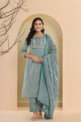 Blue Cotton Printed Embroidered Kurta Pant Set with Dupatta