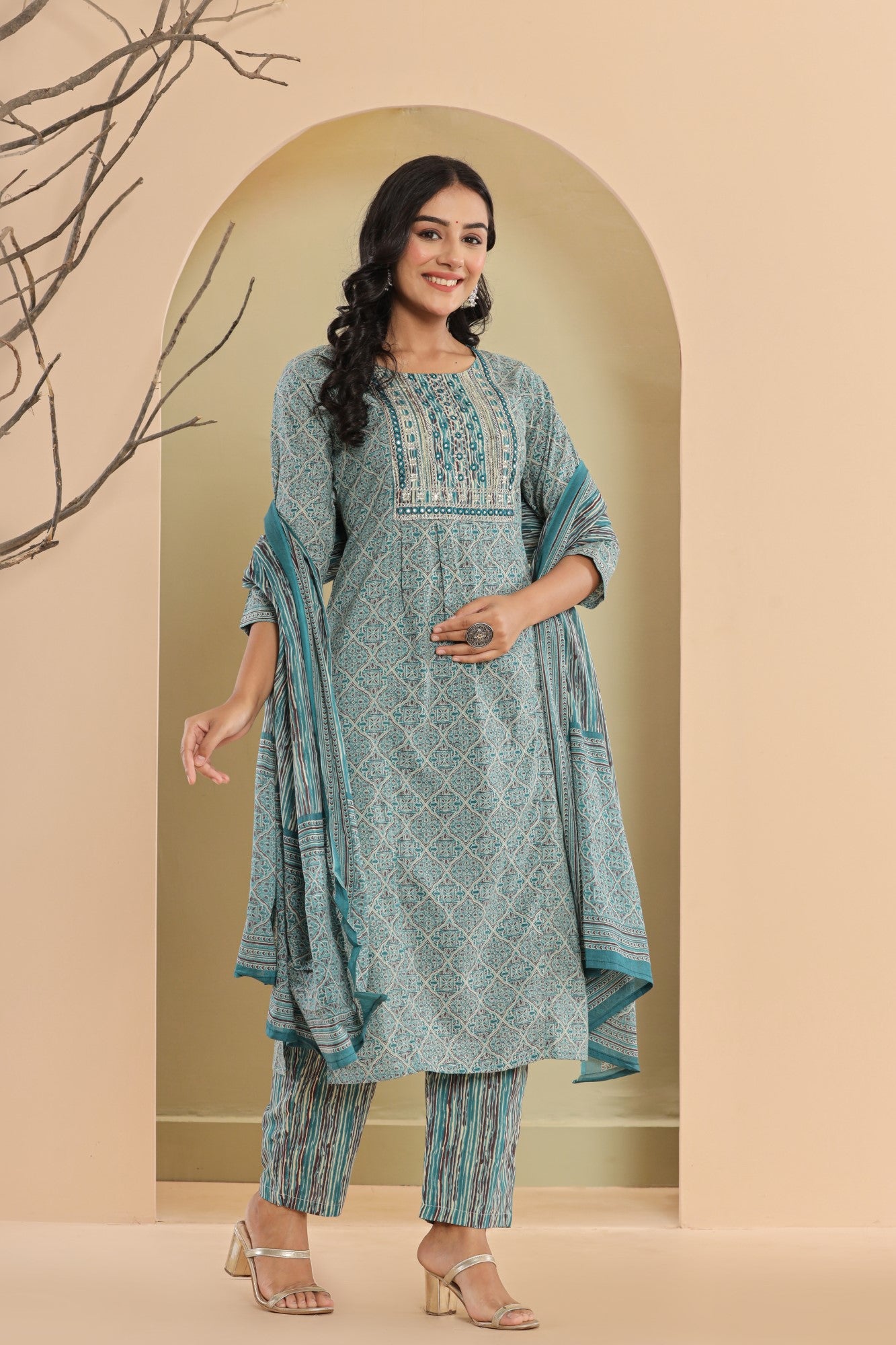 Blue Cotton Printed Embroidered Kurta Pant Set with Dupatta