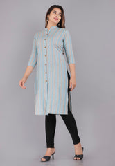 Blue Cotton Striped Print Straight Kurta