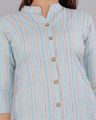 Blue Cotton Striped Print Straight Kurta