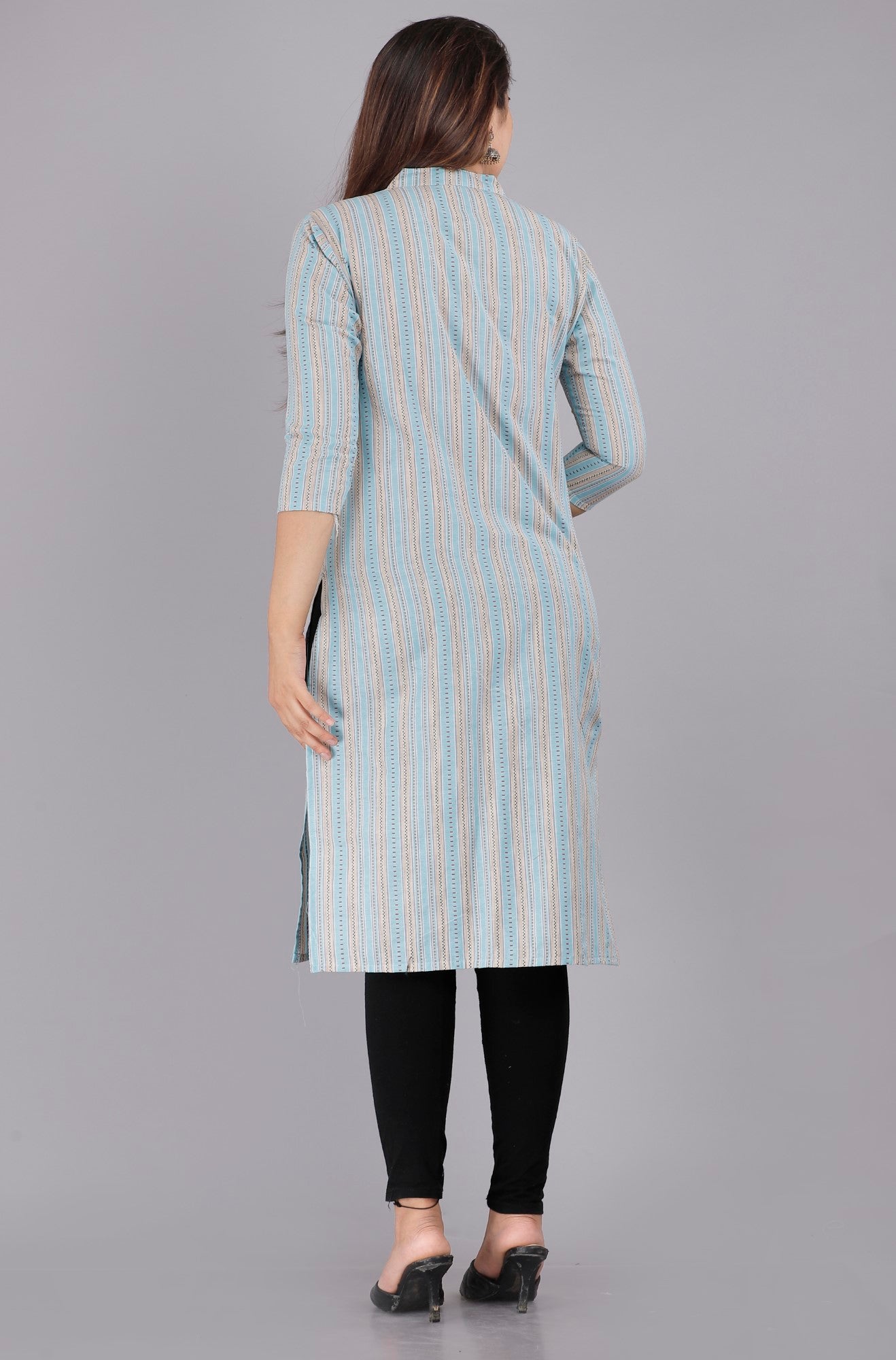 Blue Cotton Striped Print Straight Kurta