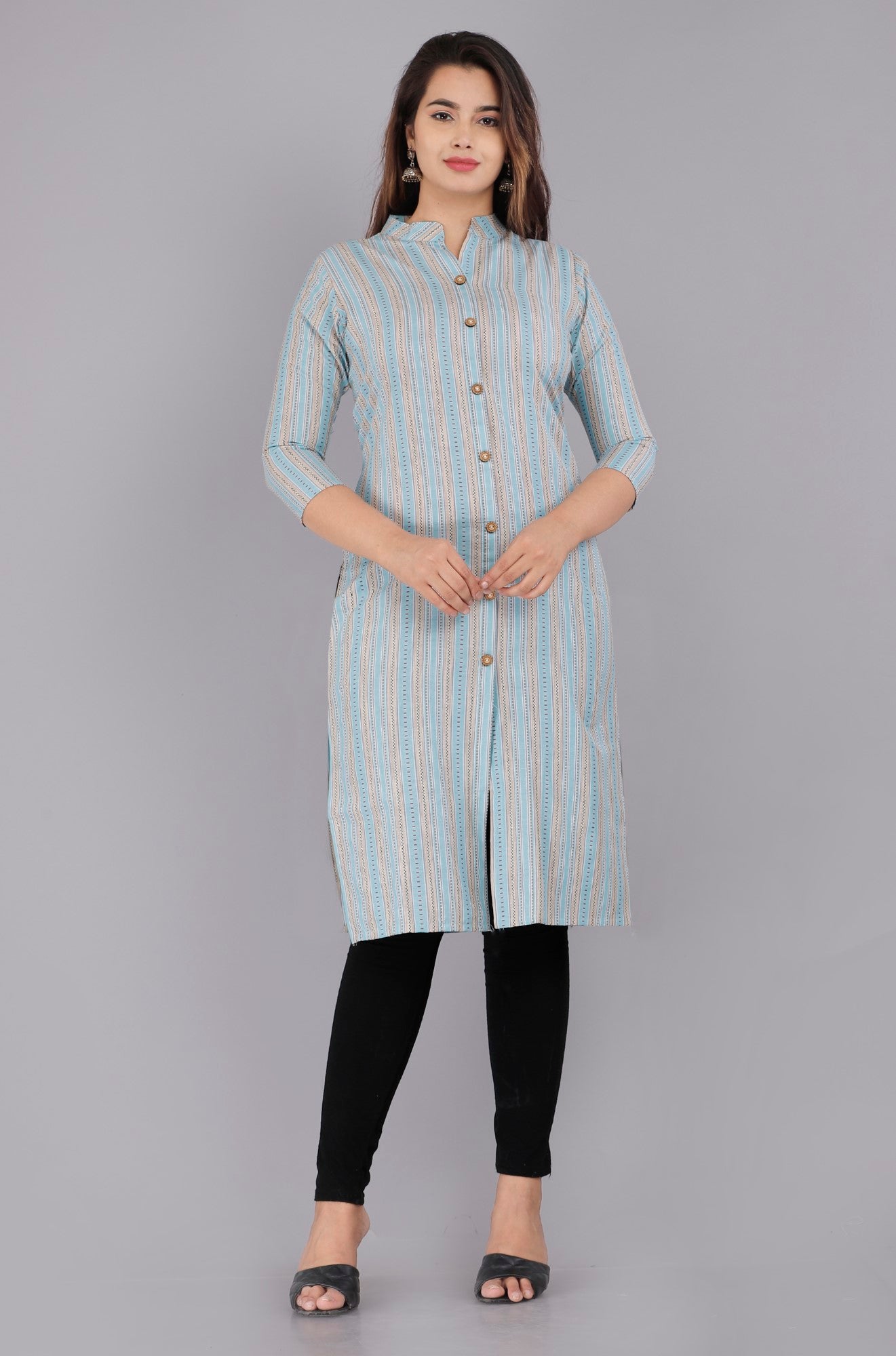 Blue Cotton Striped Print Straight Kurta