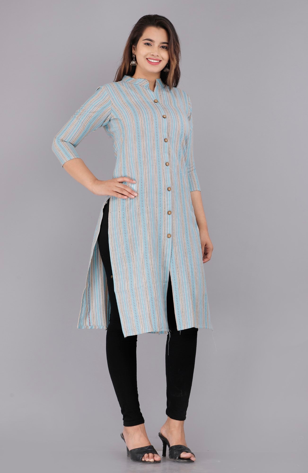 Blue Cotton Striped Print Straight Kurta